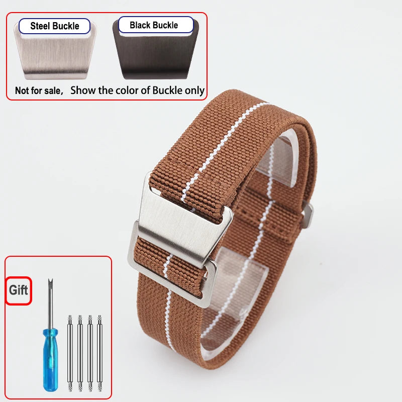 OnePlus Smartwatch Bands Nylon Elastic Parachute Fabric Watch Strap in brown with steel buckle and toolkit for installation.