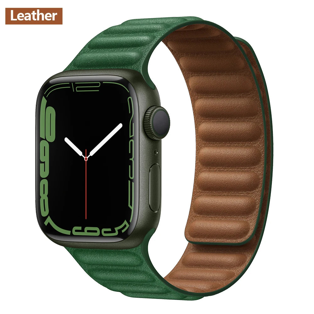 Magnetic Apple Watch Link Band - Leather & Silicone in Leather / Green