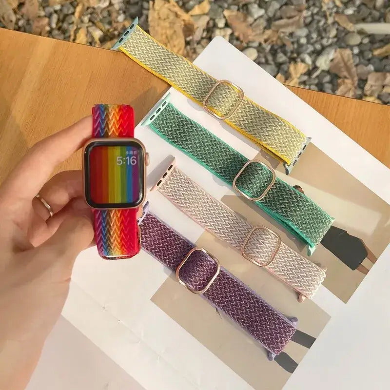 Multicolor textured Apple Watch straps shown together