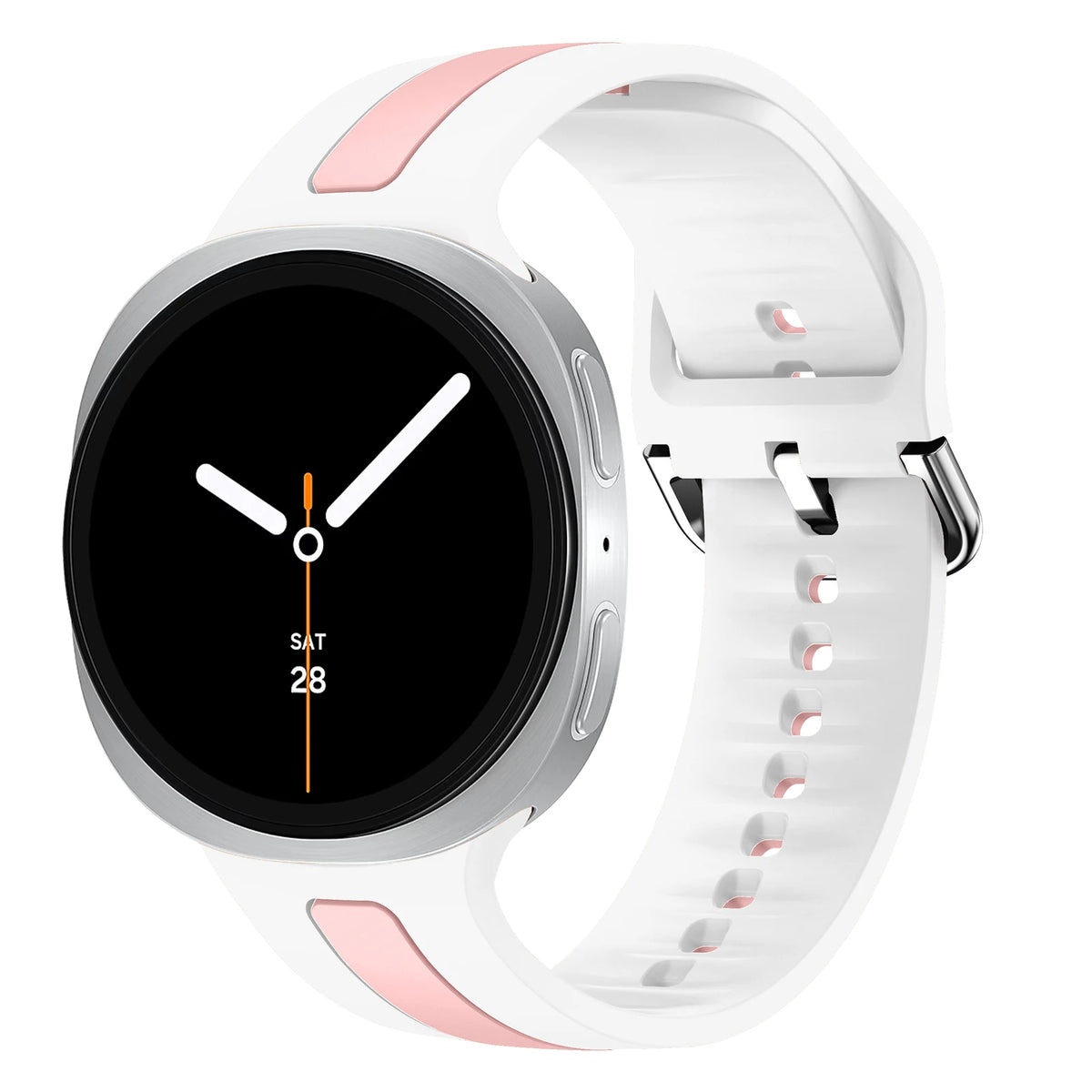 Samsung Galaxy Silicone Two-Tone Sport Watch Band - Watch8/Watch8 Classic/Watch9 in White Pink color on a smartwatch.