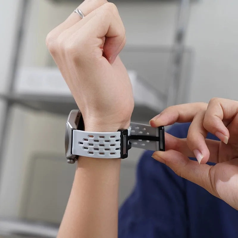 Polar Perforated Silicone Band with Magnetic Clasp — Clasp adjustment shown on wrist
