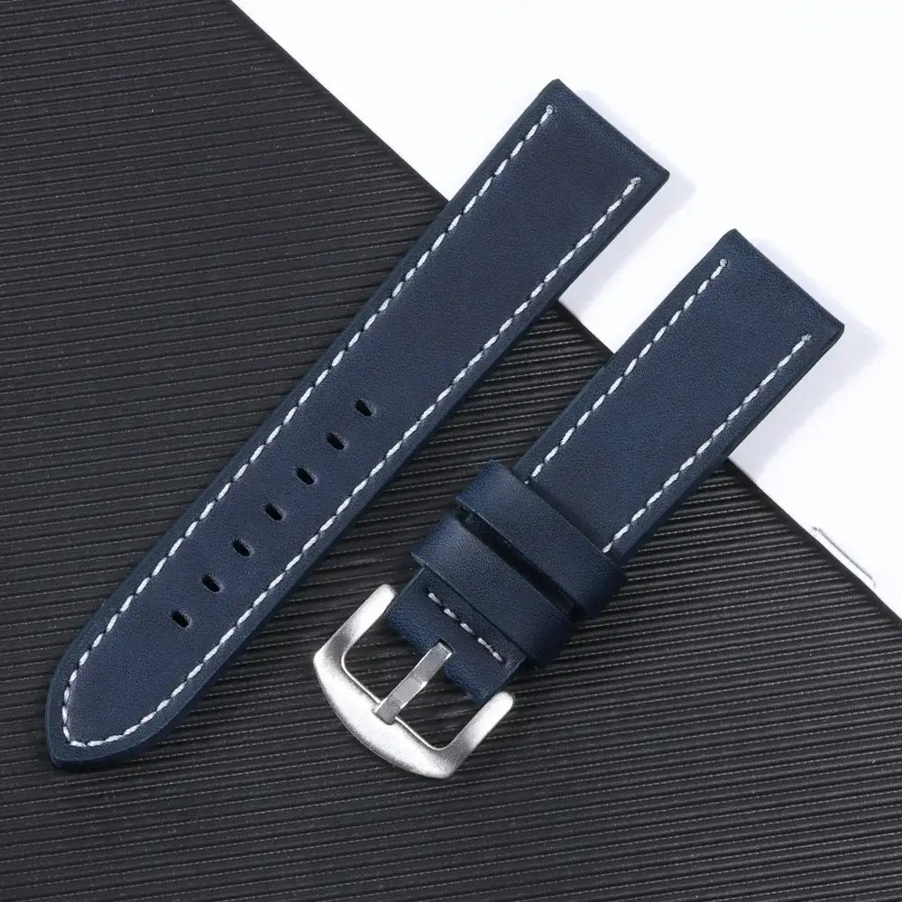 Leather Band with Stitching Options in Navy Blue / White Stitching, with silver buckle shown for compatible Huawei watches
