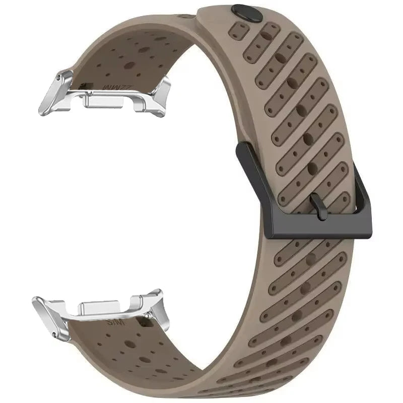Samsung Galaxy Silicone Sport Watch Band - Watch 8/8 Classic/9 Ultra/Ultra2 Breathable in light brown-silver with ventilation slits.