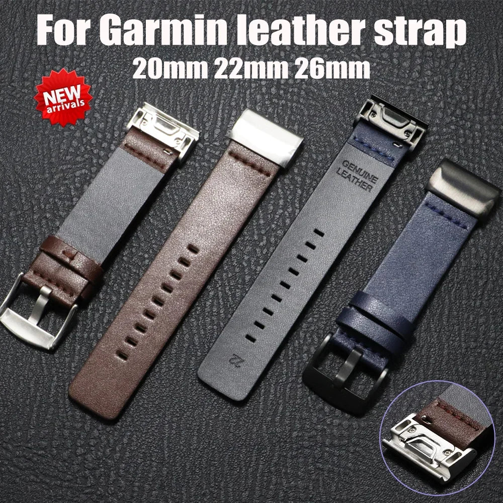 Garmin QuickFit Classic Leather Pin-Buckle Band leather strap fronts, undersides and connector details