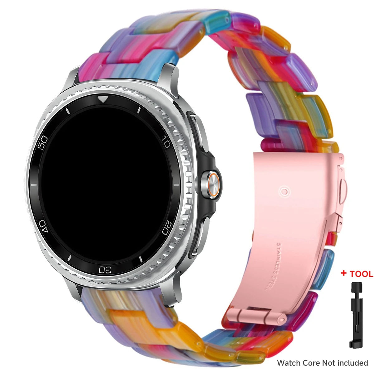 Samsung Galaxy Resin Link Watch Band - Tortoise Women Watch8/Watch8 Classic/Watch9 Ultra/Ultra2 on colorful band with stainless steel clasp.