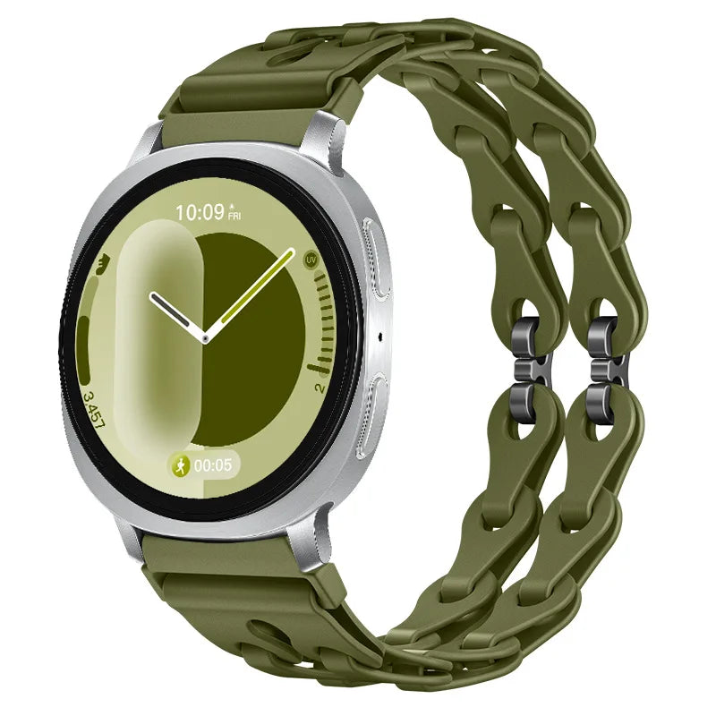Samsung Galaxy Silicone Chain Watch Band – Watch8/Watch8 Classic/Watch9/Ultra/Ultra2 Multi in olive green on a smartwatch.