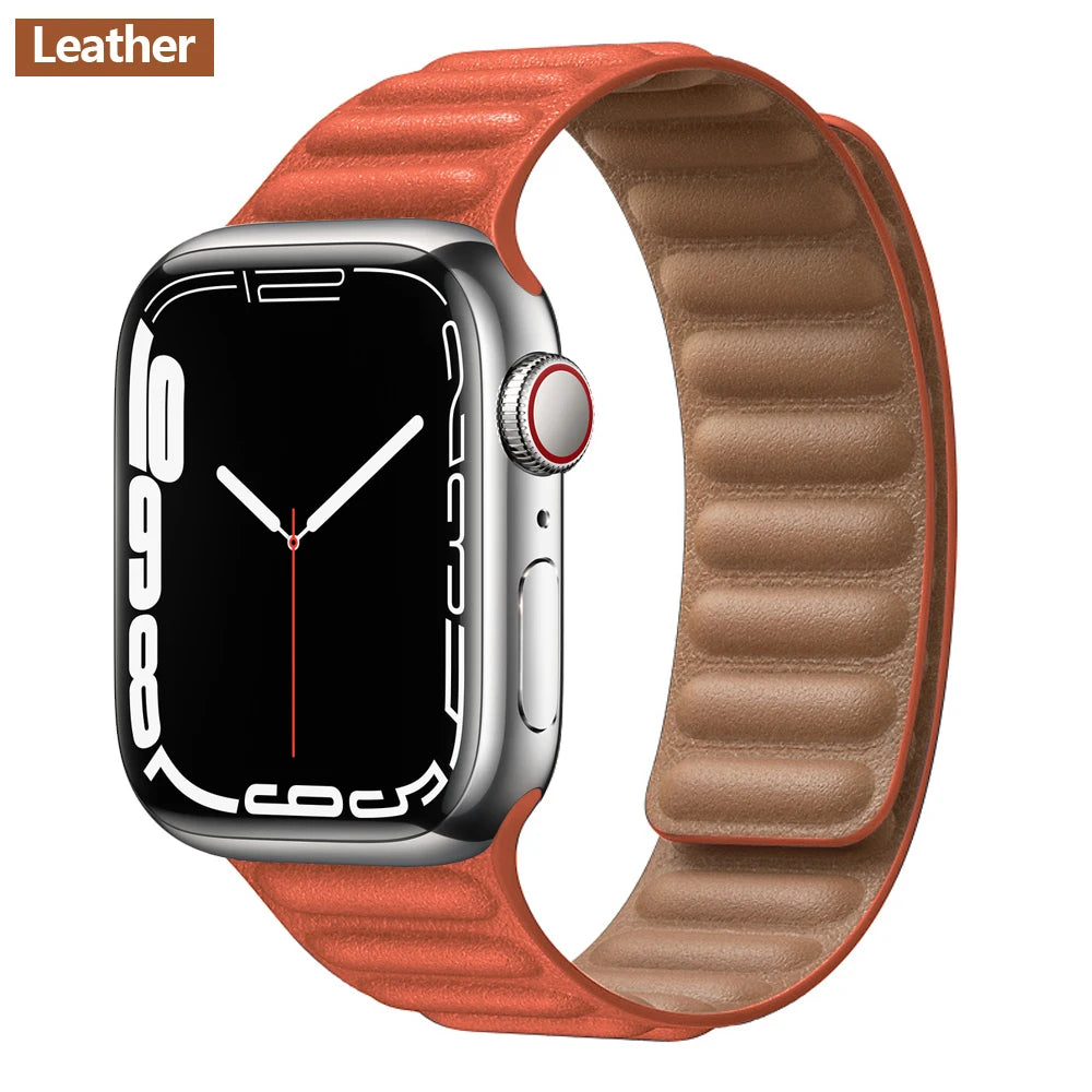 Magnetic Apple Watch Link Band - Leather & Silicone in Leather / Coral