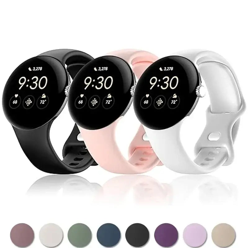 Black, pink and white silicone Pixel Watch bands with color swatches