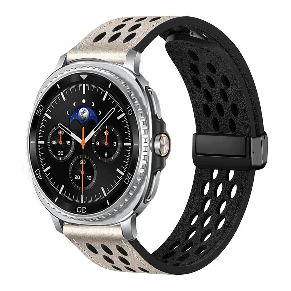 Samsung Galaxy Perforated Sport Watch Band - Magnetic 8/9/Ultra/Ultra2 in Starlight with silver connector, showcasing perforated design.