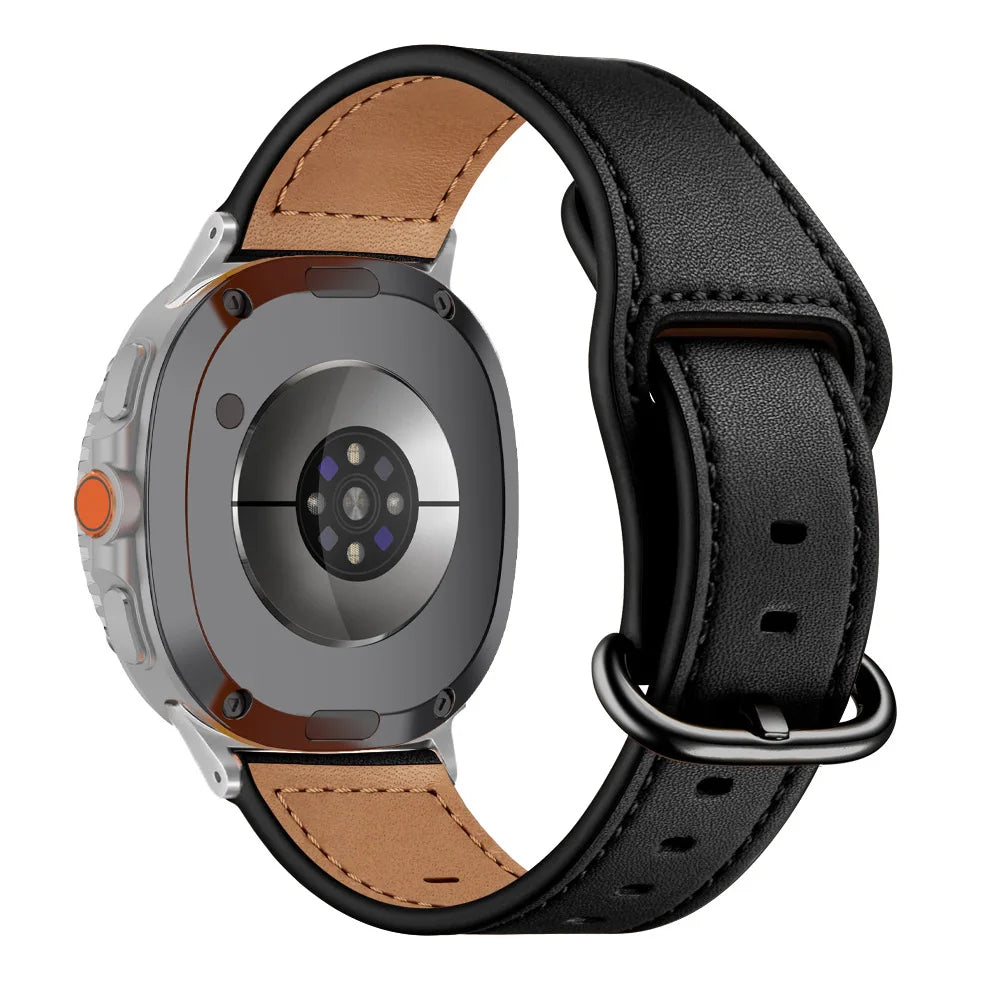 Samsung Galaxy Genuine Leather Watch Band Replacement Watch8/Watch8 Classic/Watch9 on a smartwatch, featuring black leather with tan lining.