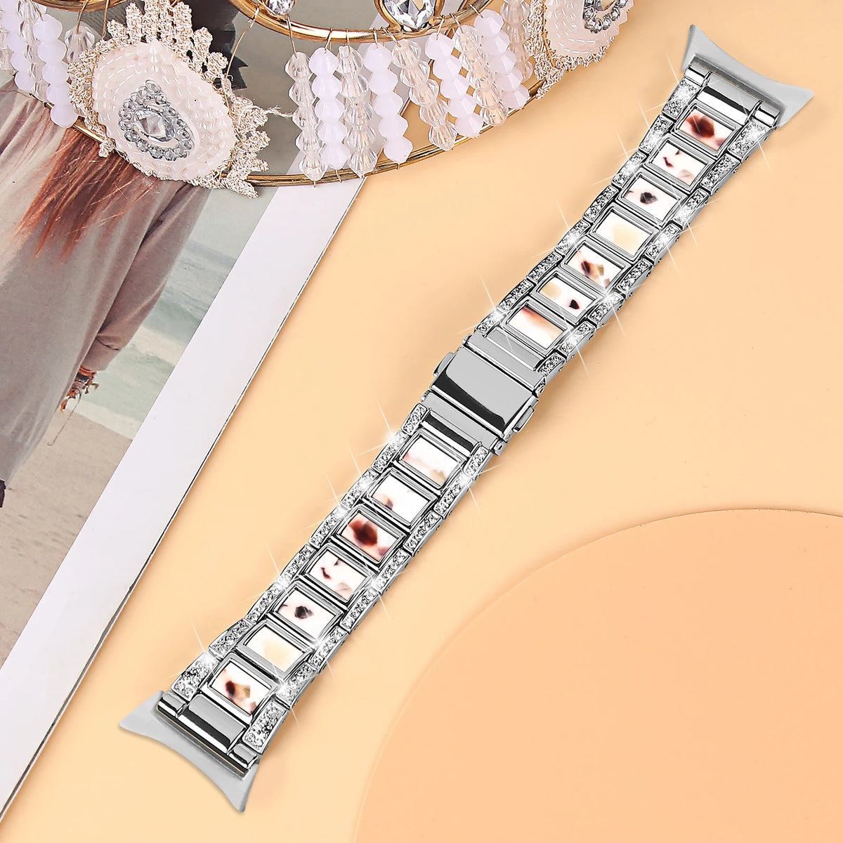 Silver / Nougat Google Pixel Watch 5, 4 and 3 41mm Resin Inlay Link Bracelet Band