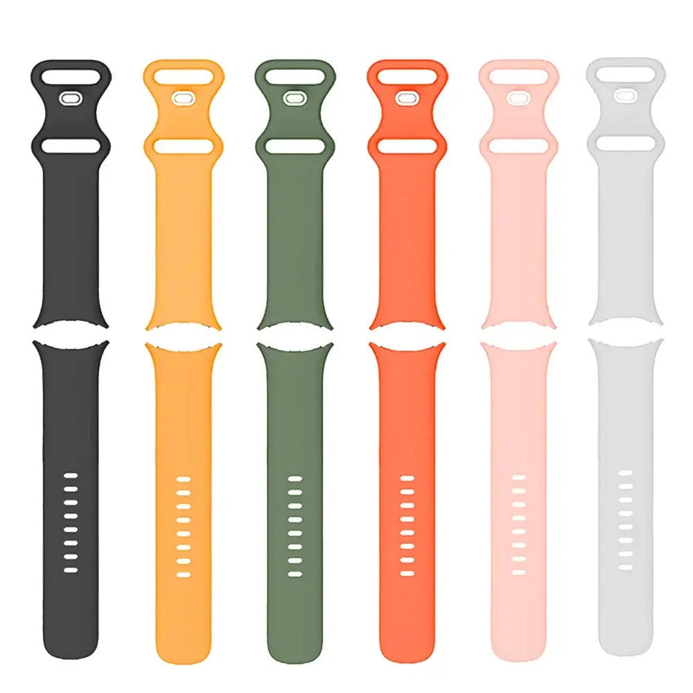 Six silicone Pixel Watch strap colors laid flat