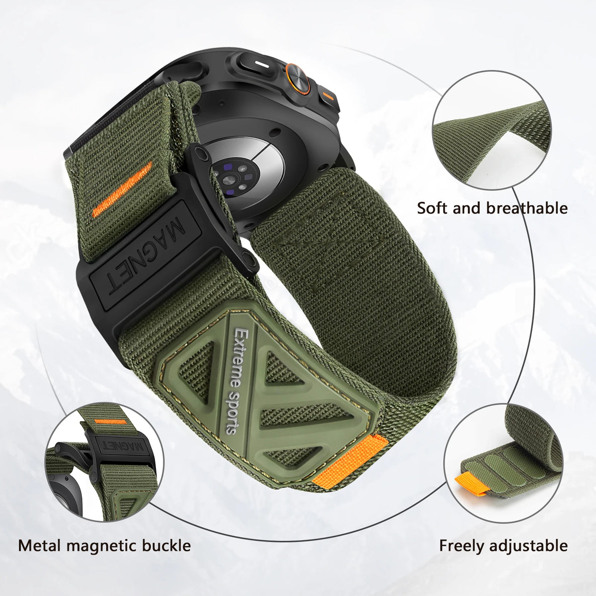 Samsung Galaxy Sport Magnetic Nylon Watch Band – Ultra/Ultra2 in tactical olive green with metal magnetic buckle and adjustable fit.