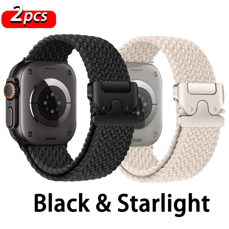2-Pack: Black + Ivory braided nylon Apple Watch band with parachute-style buckle