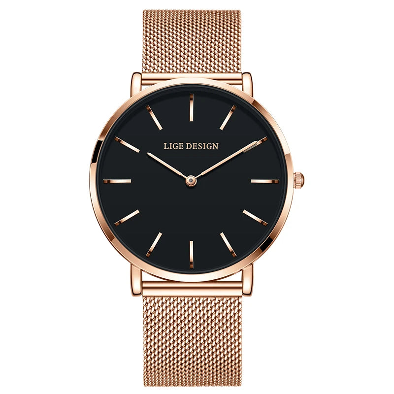 Women's Minimalist Quartz Watch with Stainless Steel Mesh Band — Rose Gold Tone / Black Dial