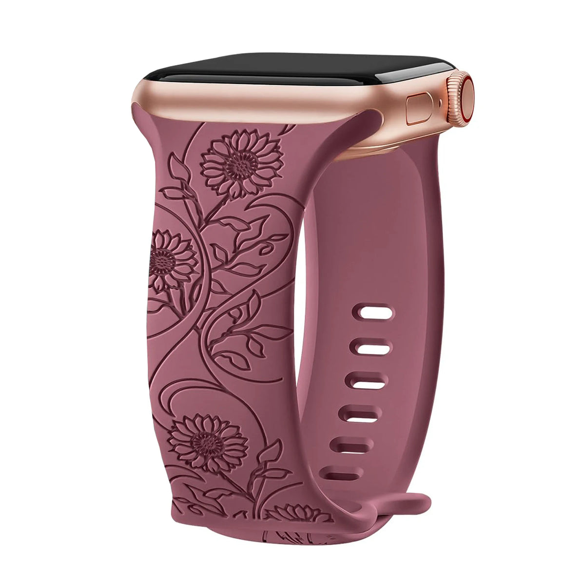 Engraved Botanical Silicone Apple Watch Band in Mauve / Sunflower Vine