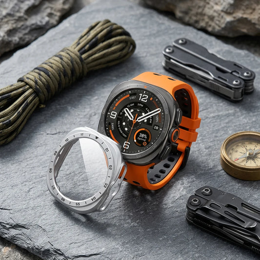 Samsung Galaxy PC Hollow Watch Band - Ultra/Ultra2 Glass Case on rocky surface with tools and compass.