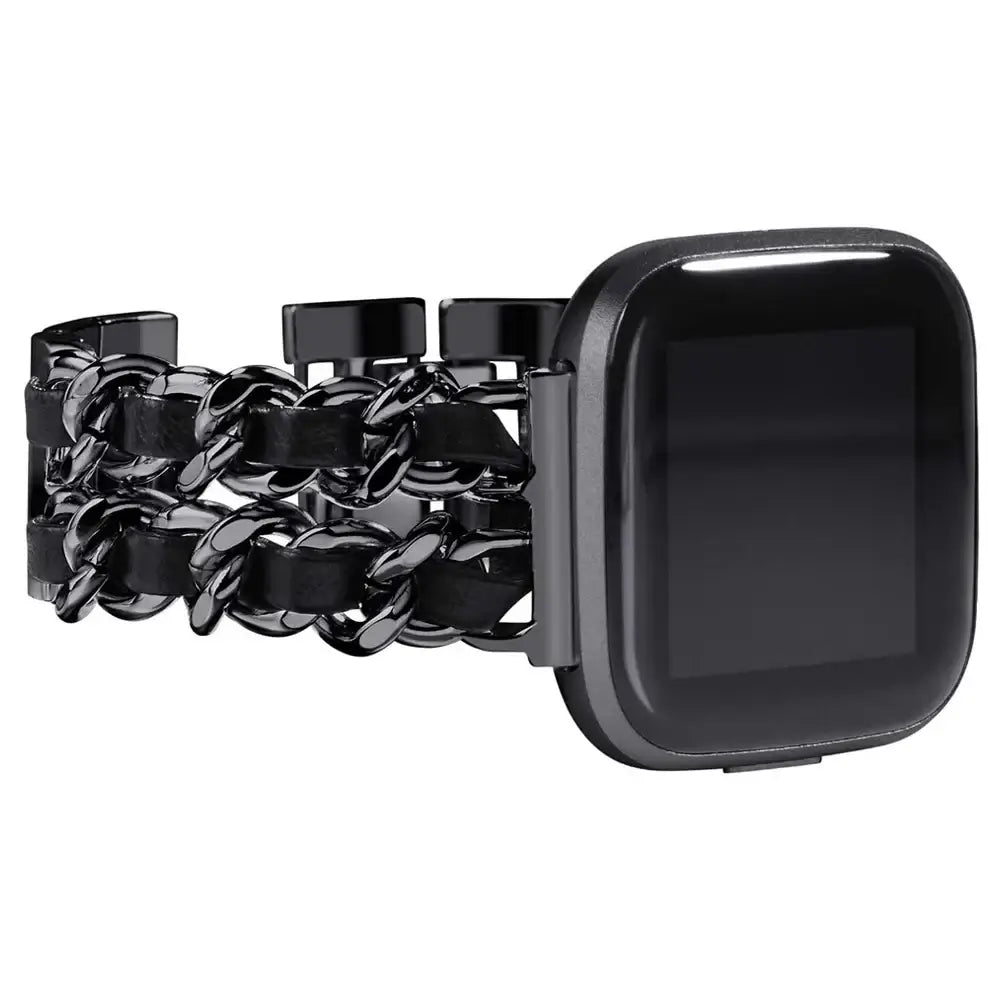 Fitbit Versa & Sense Leather-Woven Chain Band - Black / Black Leather