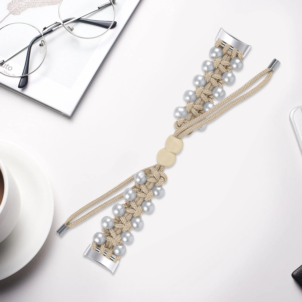 Fitbit Charge 6, 5, 4, 3 and 2 Braided Rope Band with Pearl-Style Beads — design detail