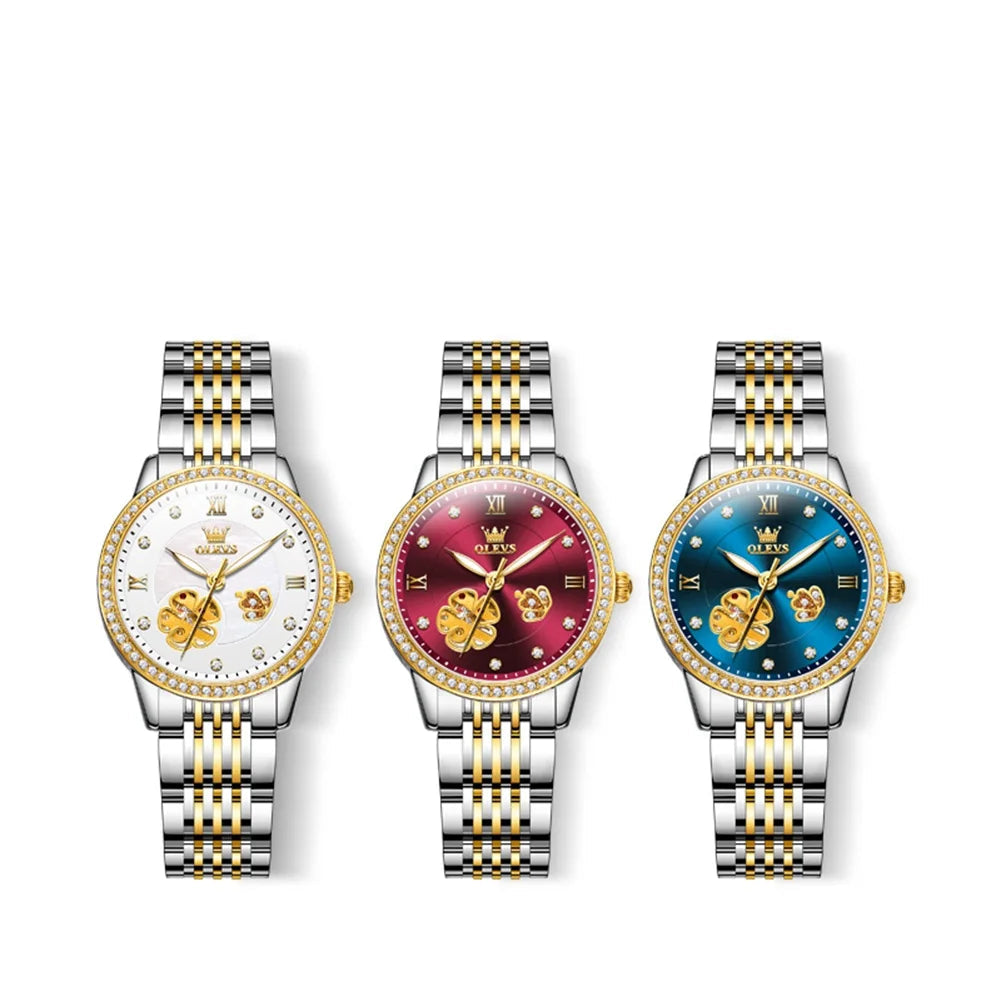 Women's Floral Openwork Automatic Bracelet Watch — Three floral watch dial colors — BandsCo Straps