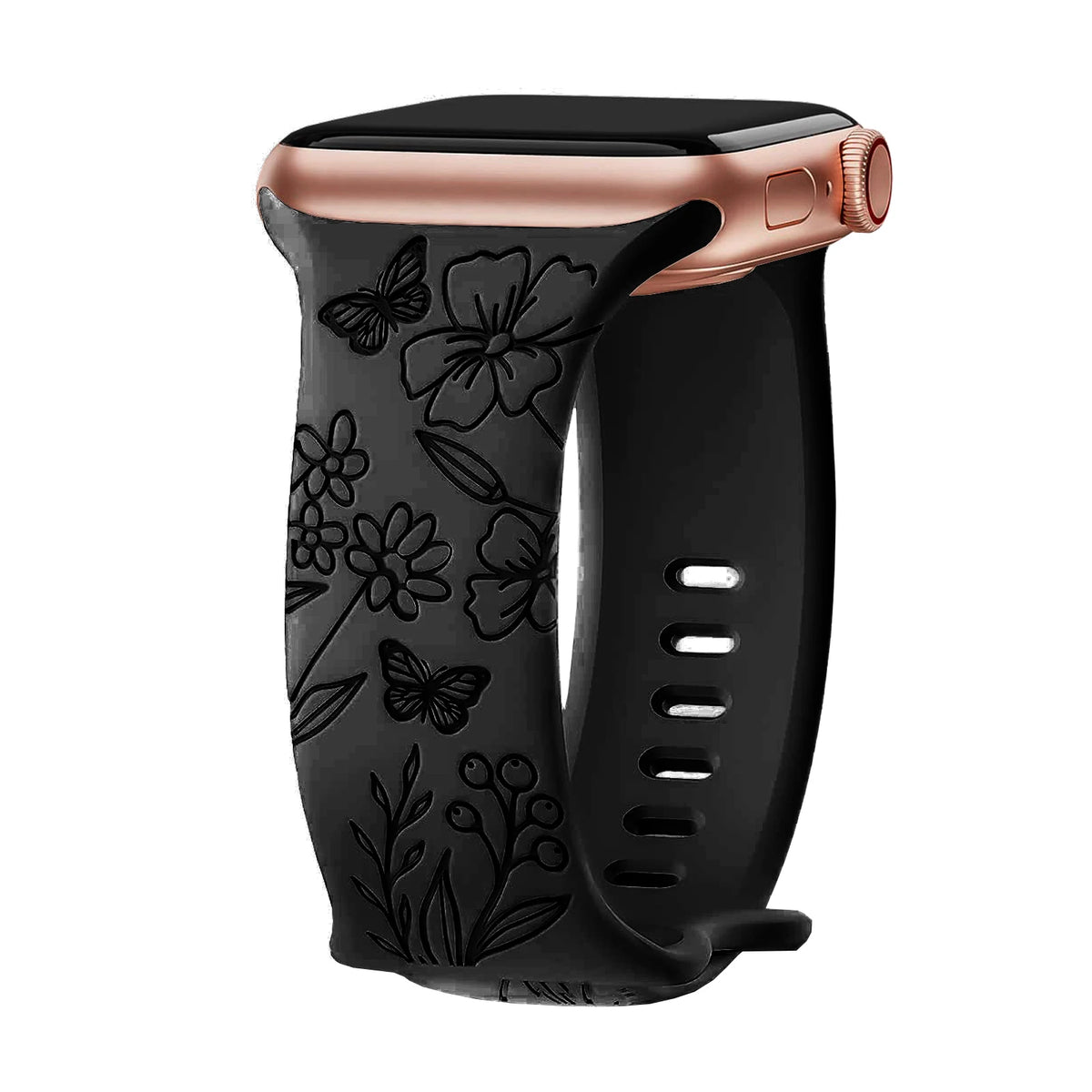 Engraved Botanical Silicone Apple Watch Band in Black / Flowers & Butterflies