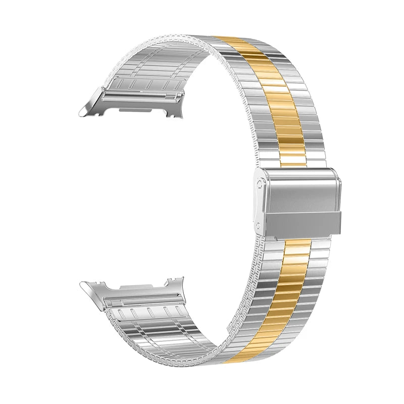 Samsung Galaxy Stainless Steel Link Watch Band - Watch8/Watch8 Classic/Watch9 Business in silver and gold color.