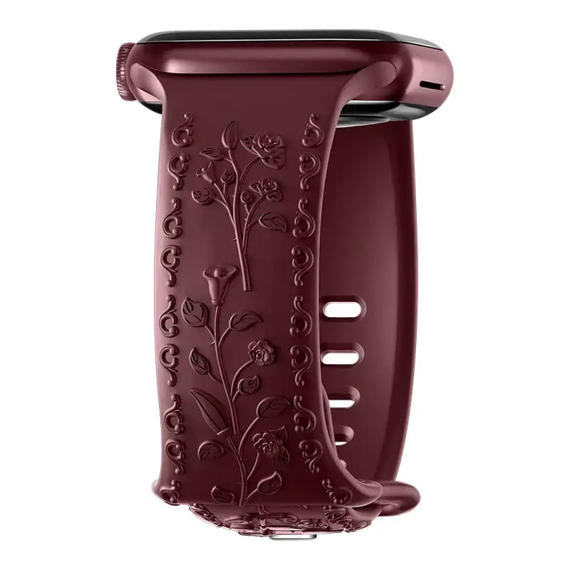 Burgundy botanical engraved silicone Apple Watch band