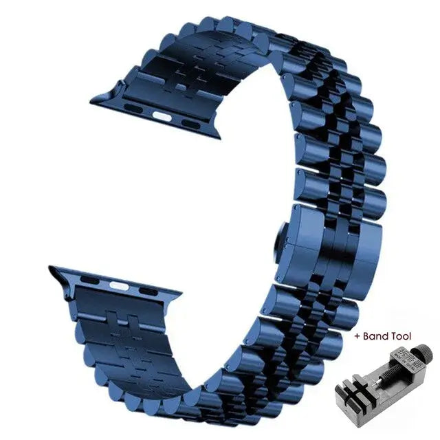 Navy Blue five-row stainless steel Apple Watch band with adjustment tool