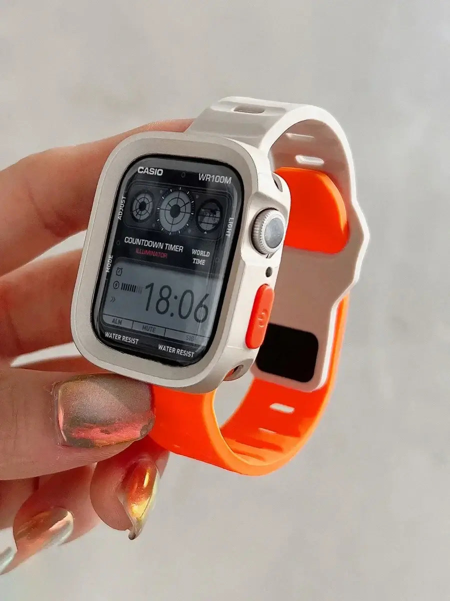 Ivory / Orange Apple Watch silicone band and bumper case; case color listed first for two-color combinations.