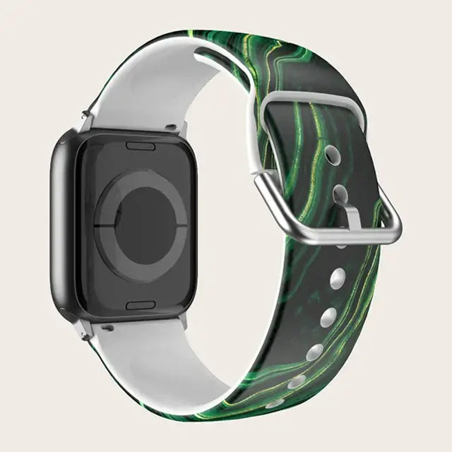 Green / Black Marble Apple Watch band with buckle and adjustment holes.