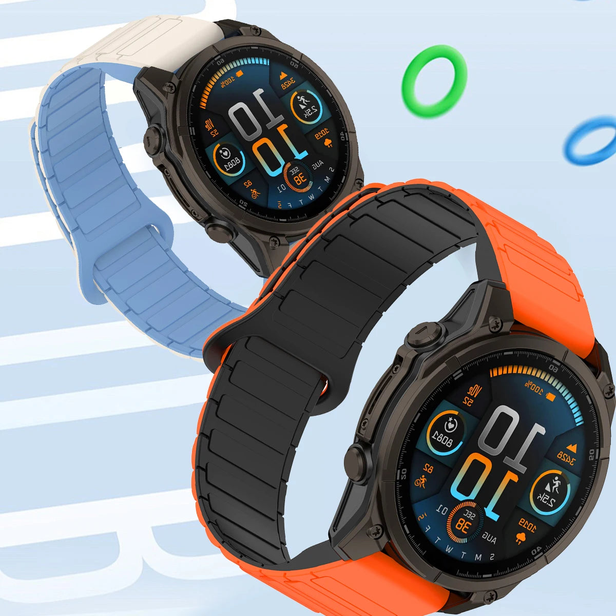 Garmin QuickFit Ribbed Magnetic Silicone Band two-tone ribbed straps shown on watches