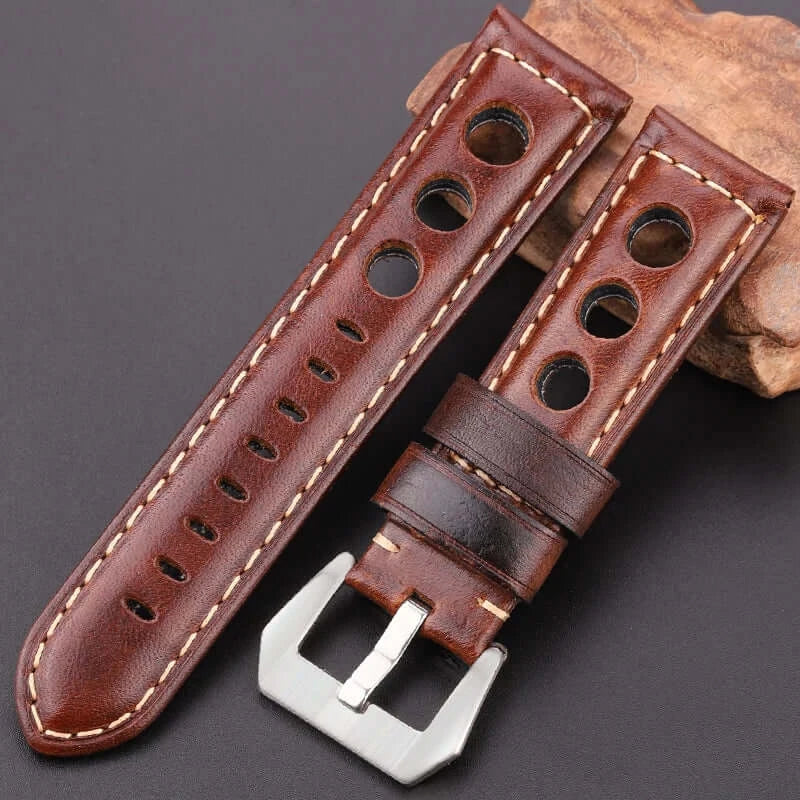 TicWatch Three-Hole Leather Rally Band - Dark brown round perforation detail
