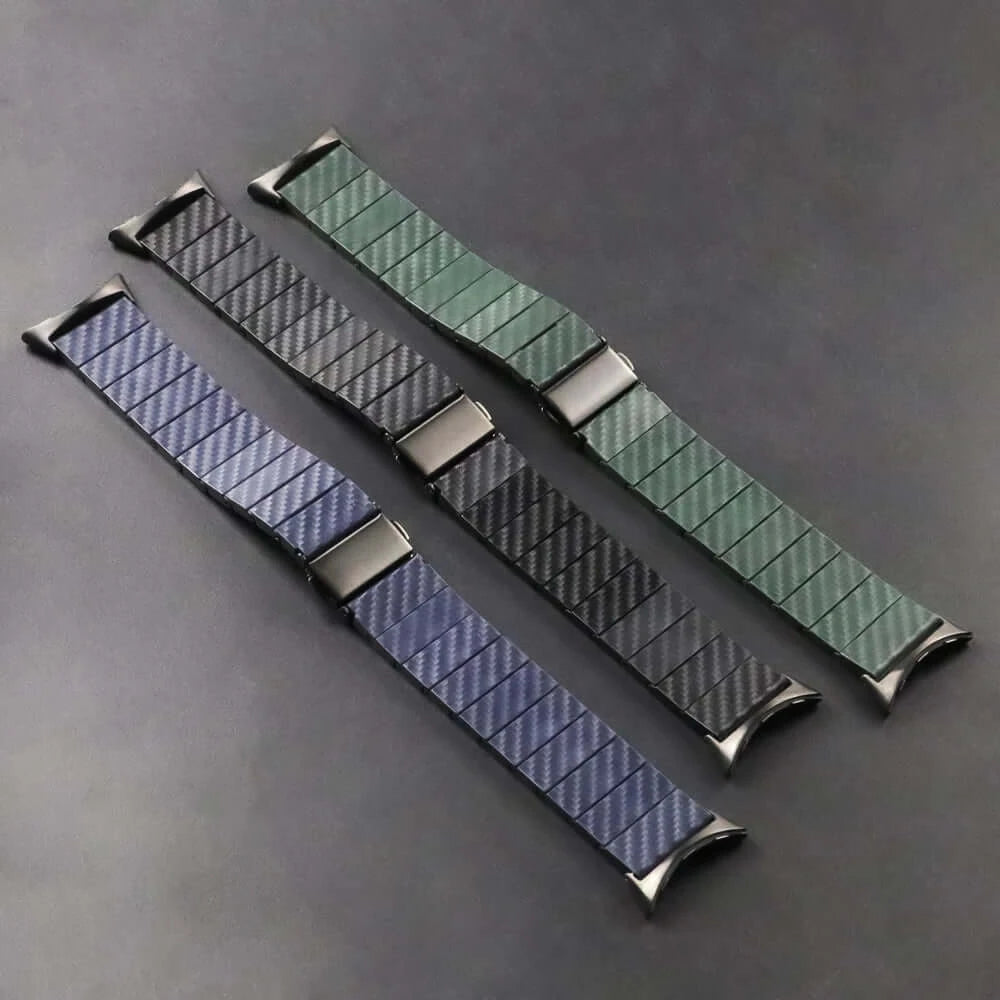 Black, blue and green carbon pattern link straps laid flat