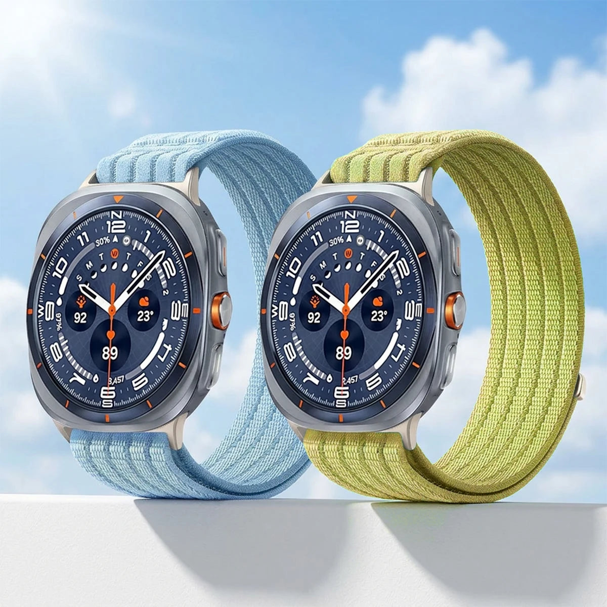 Samsung Galaxy Sport Nylon Woven Loop Watch Band – Watch8/Watch8 Classic/Watch9/Ultra/Ultra2 in blue and green colors.