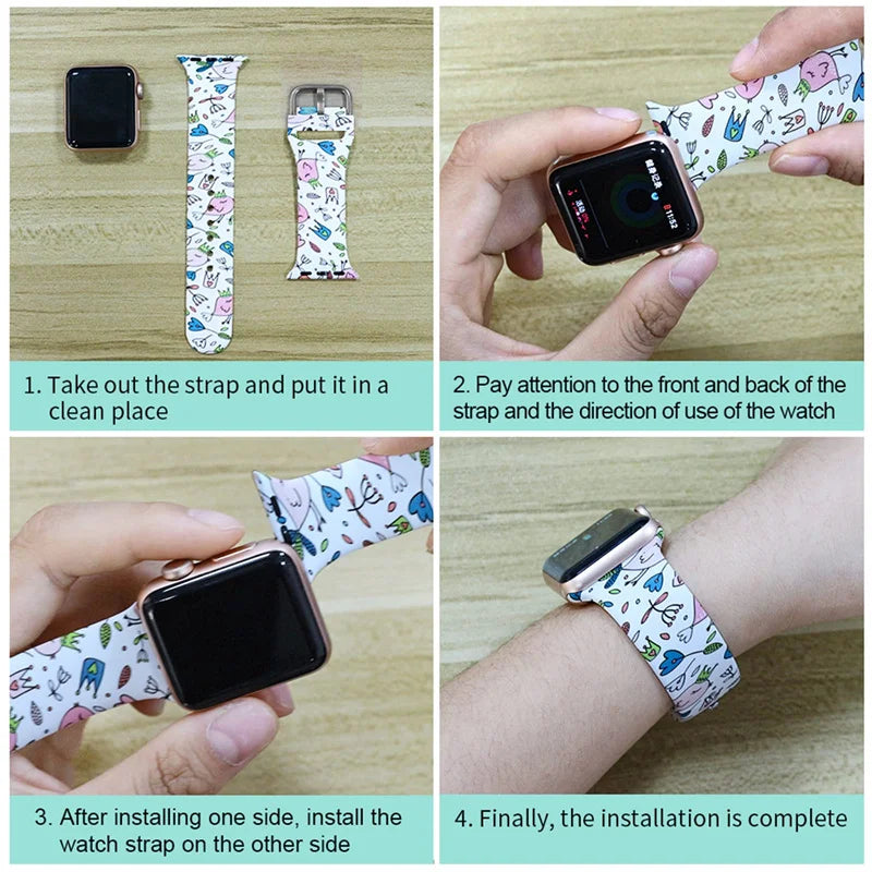 Illustrated installation steps for printed band and case for Apple Watch
