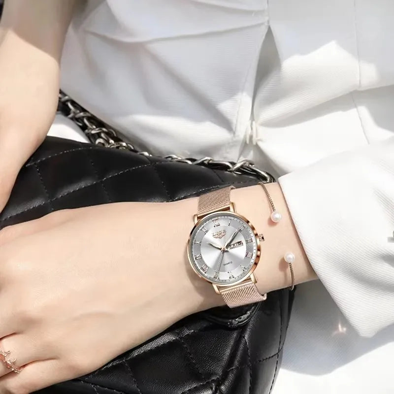 Women's Rose Gold-Tone Mesh Day-Date Watch — Mesh watch worn on wrist — BandsCo Straps