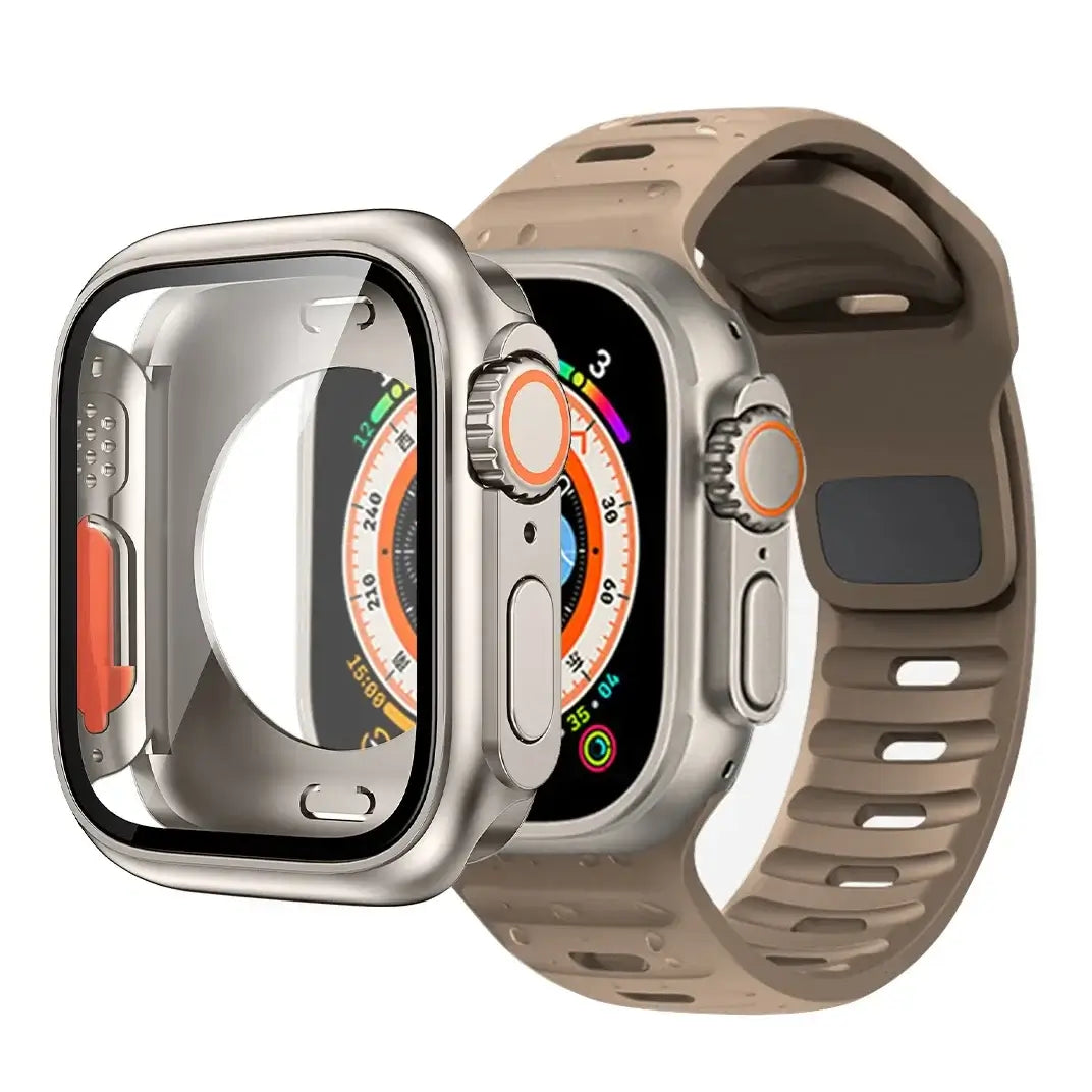 Taupe slotted silicone Apple Watch band with coordinating case