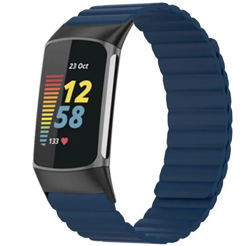 Fitbit Charge 5 & 6 Magnetic Silicone Wrap Band navy ribbed band shown on a tracker