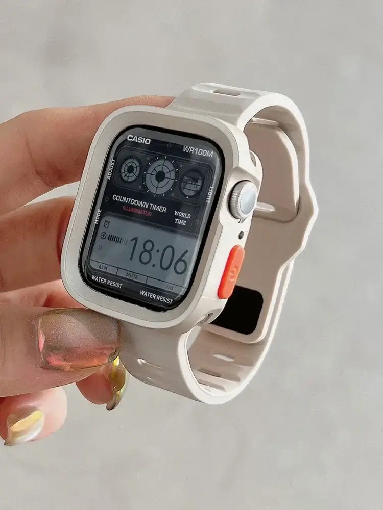 Ivory Apple Watch silicone band and bumper case; case color listed first for two-color combinations.