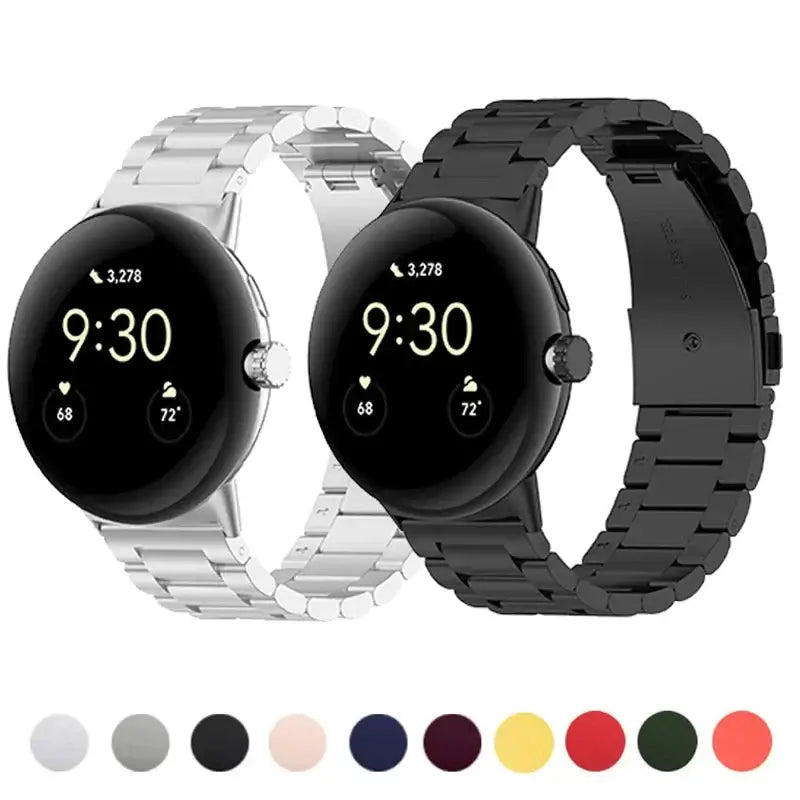 Silver and black steel link Pixel Watch bracelets with finish previews