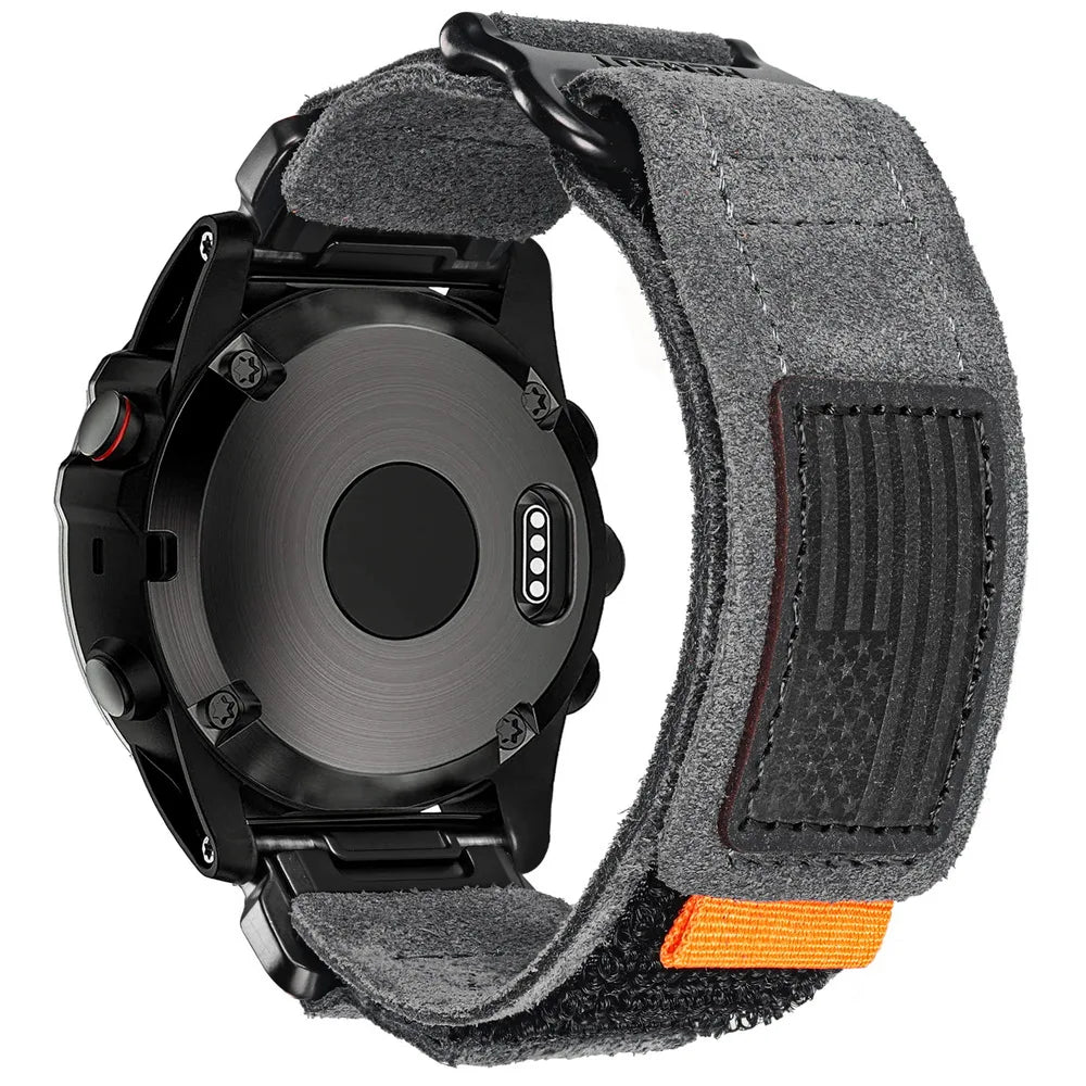 Garmin QuickFit Leather Hook-and-Loop Band gray leather loop shown on a watch