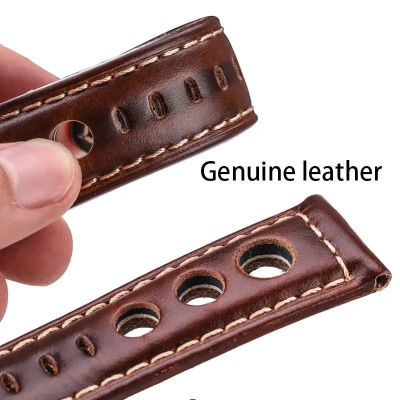 TicWatch Three-Hole Leather Rally Band - Leather and stitching close-up