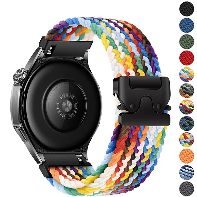 OnePlus Braided Nylon Parachute Buckle Watch Band Strap Replacement in multicolor design on smartwatch.