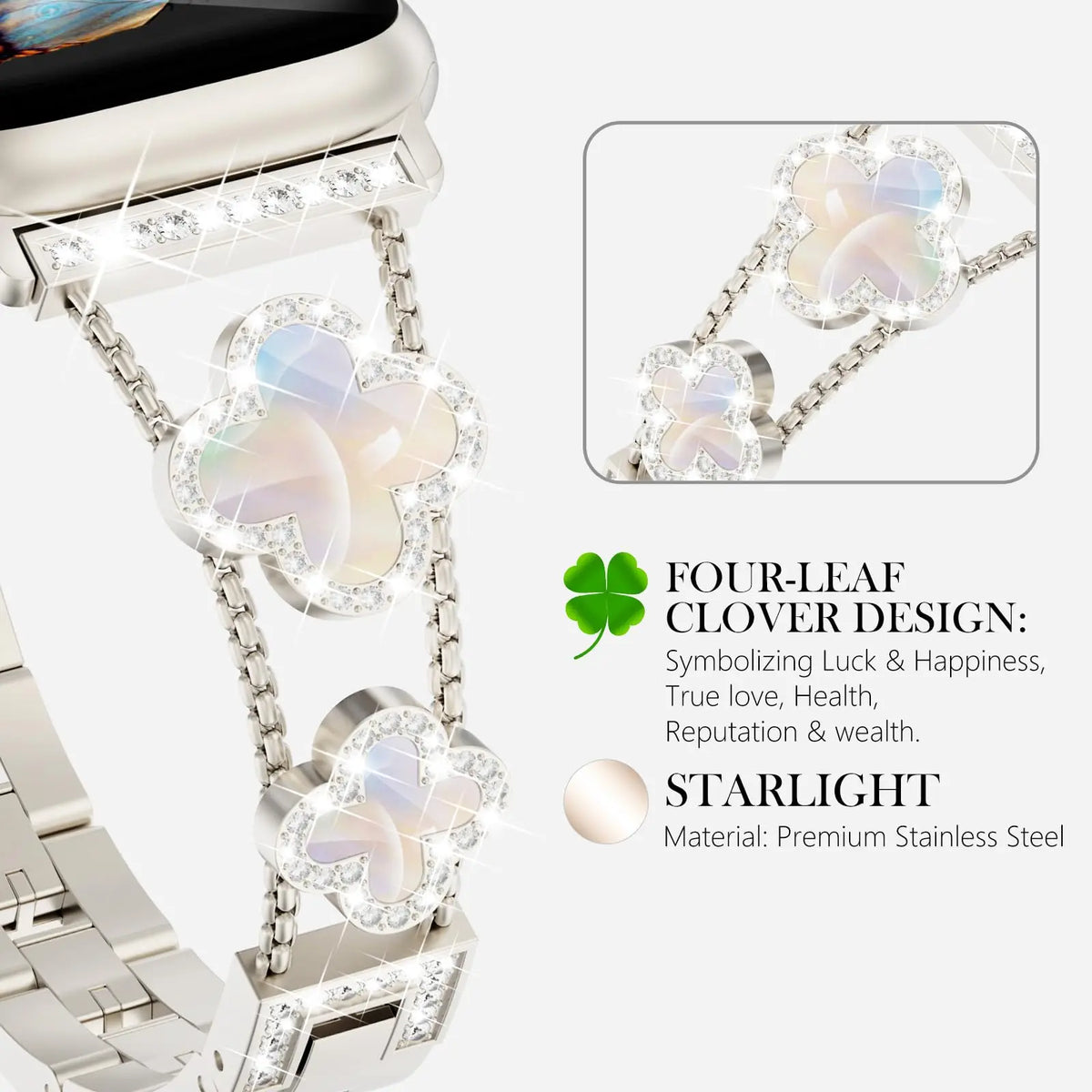 Close-up of pearl-white clover motifs and surrounding accents for Apple Watch
