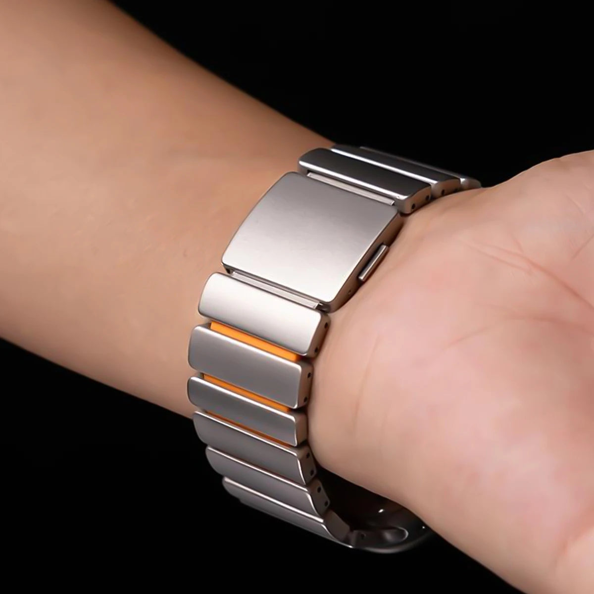 Samsung Galaxy Watch Ultra/Ultra2 Stainless Steel & Silicone Magnetic Band on wrist, showcasing its sleek design.