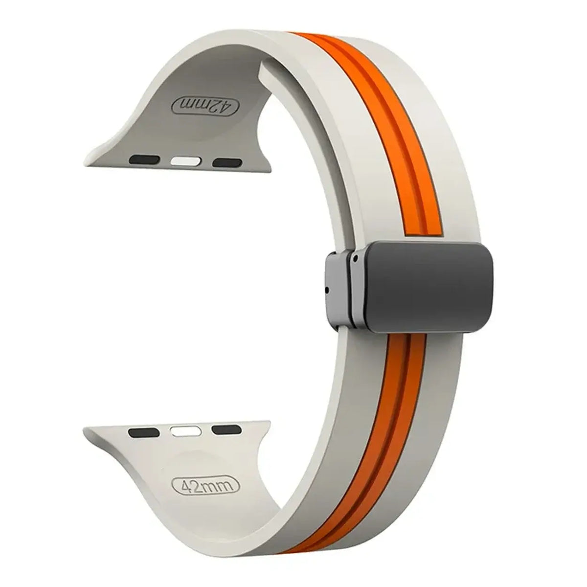Ivory / Orange - Black Clasp striped silicone Apple Watch band with magnetic clasp
