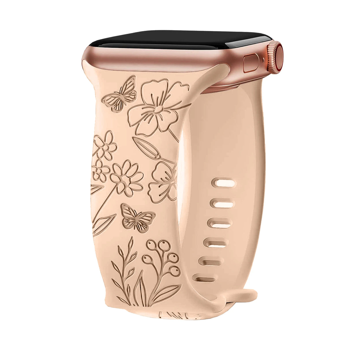 Engraved Botanical Silicone Apple Watch Band in Sand / Flowers & Butterflies