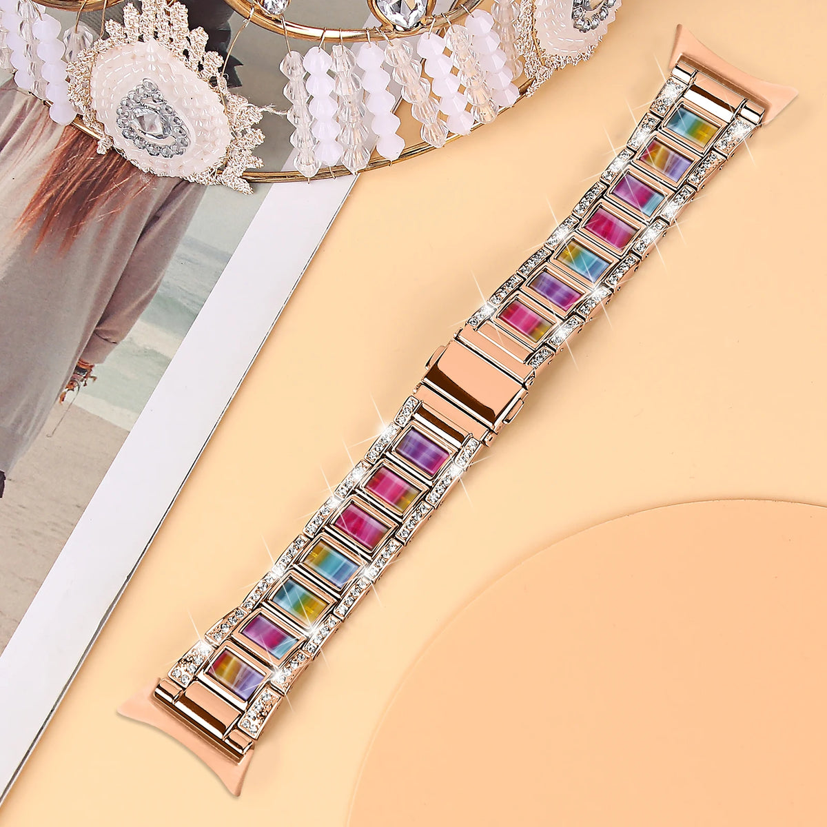 Rose Gold / Multicolor Google Pixel Watch 5, 4 and 3 41mm Resin Inlay Link Bracelet Band