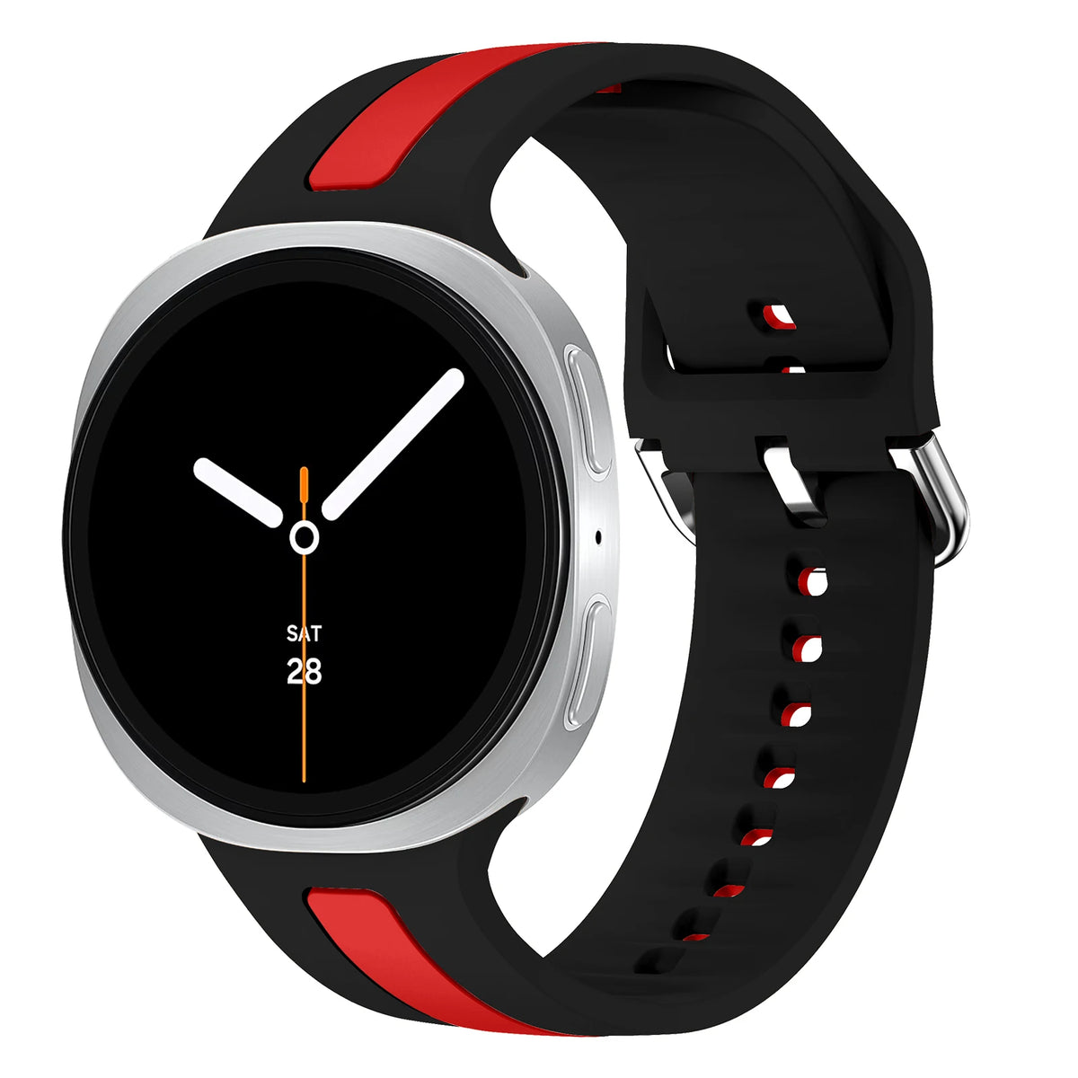 Samsung Galaxy Silicone Two-Tone Sport Watch Band - Watch8/Watch8 Classic/Watch9, black red band with stainless steel pin buckle.