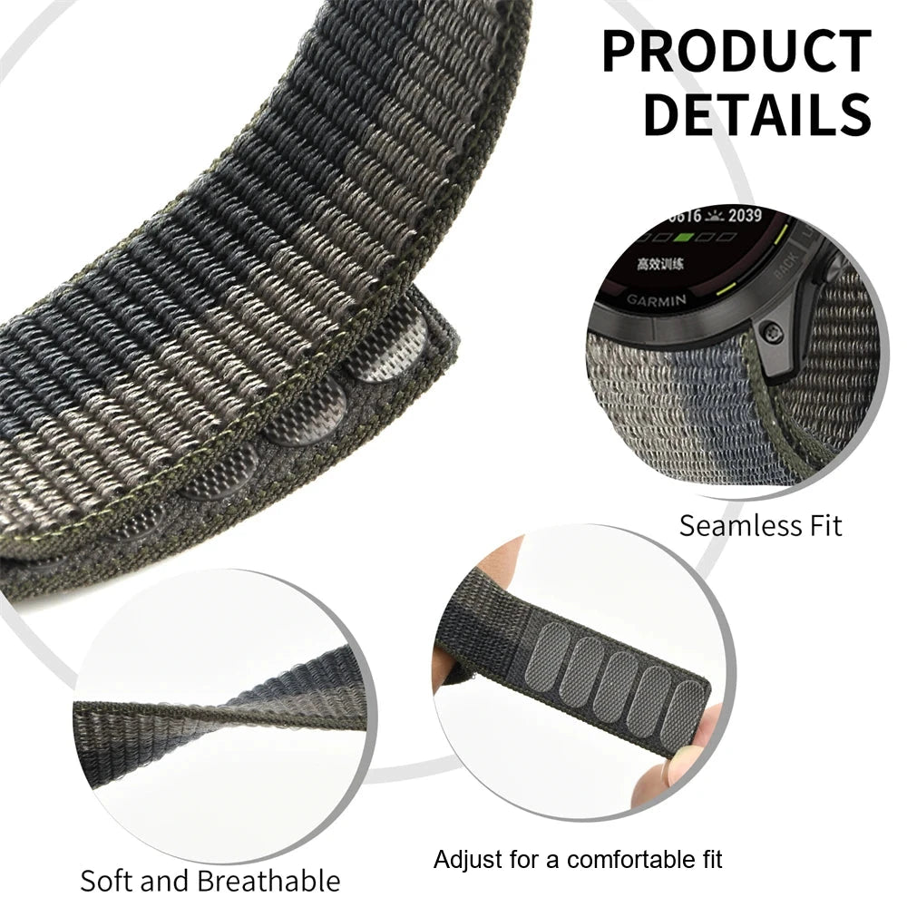 Garmin QuickFit 22/26mm Soft Nylon Hook-and-Loop Sport Band — band detail